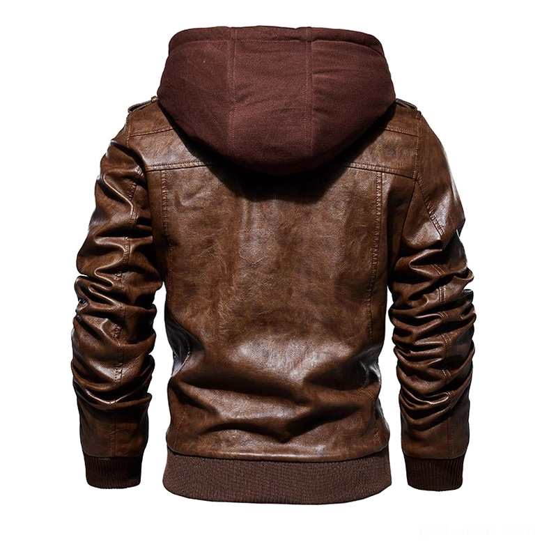 Dark brown gothic hooded biker jacket back view showing ribbed details