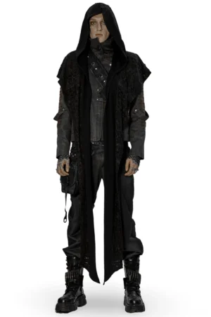 Black deconstructed gothic knit hooded cape with long scarf full body front view on male model studio