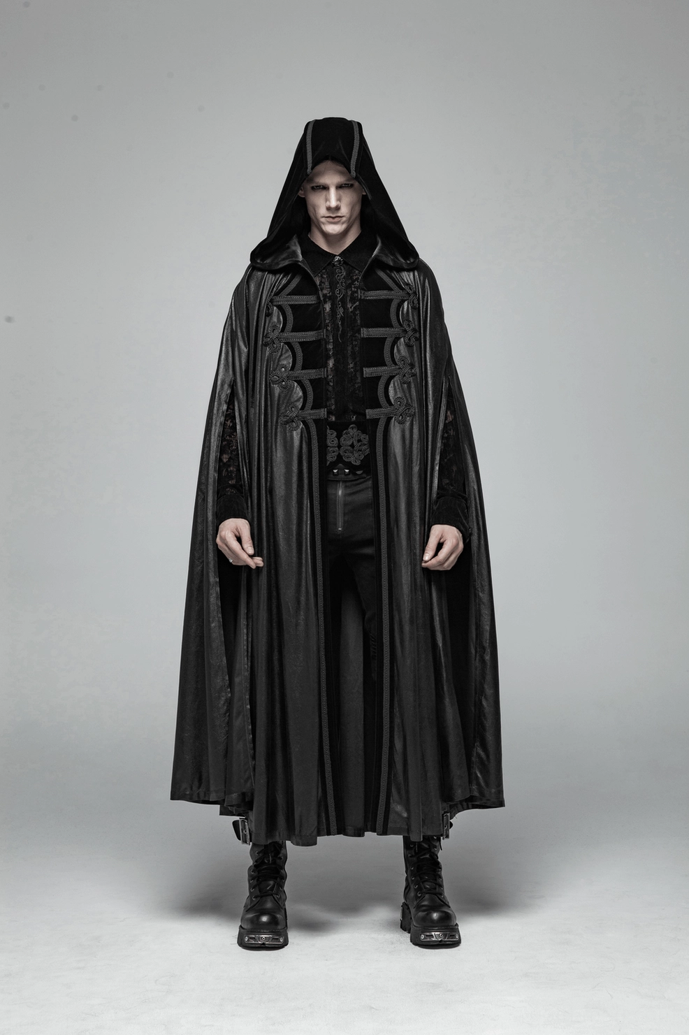 Black gothic hooded cape front three-quarter view with embroidered trim and hood detail