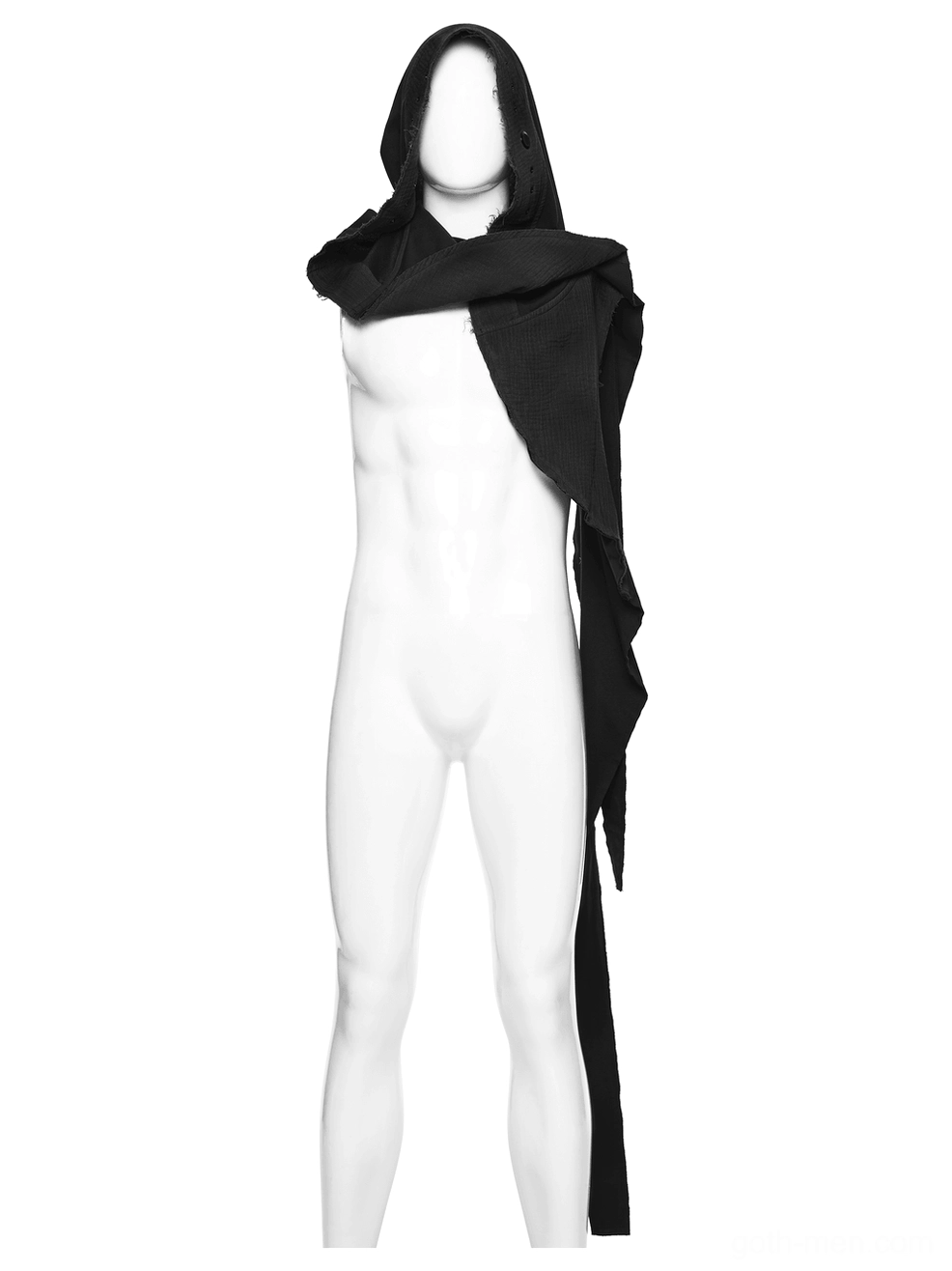 Hooded gothic cape vest front display single long hanging side drape on mannequin