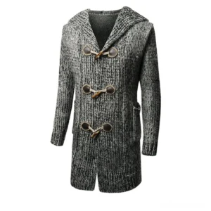Dark heather gray gothic hooded knit cardigan coat with ribbed knit texture, front flat lay view