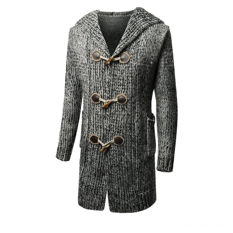 Dark heather gray gothic hooded knit cardigan coat with ribbed knit texture, front flat lay view