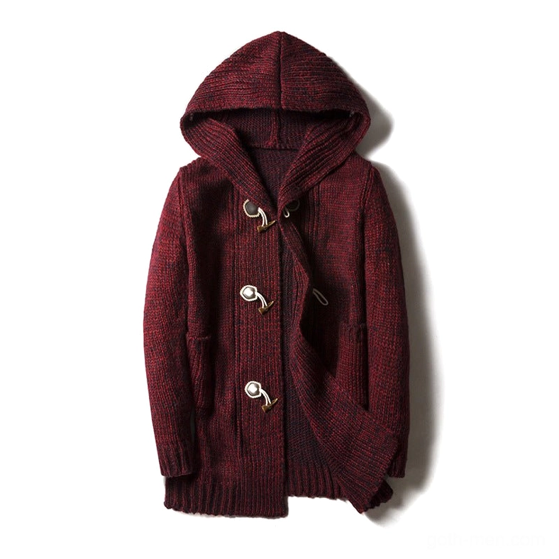 Wine red burgundy marled knit hooded cardigan with metal toggle fasteners and full-length sleeves