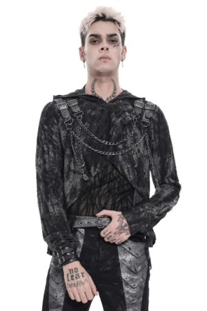 Black distressed gothic hooded mesh top with chain harness worn by tattooed male model - front full-body view