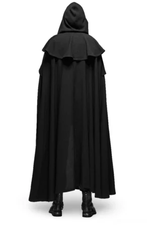 Rear view of black gothic hooded cloak on male model displaying flowing hem and layered shoulder cape architecture