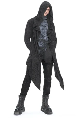 Male model wearing asymmetric gothic hooded coat with marbled knit fabric front view