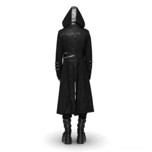 Gothic men's hooded longline coat back view showing waist belt buckle strap detail