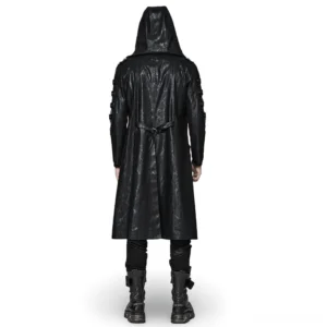 Rear full-body shot of gothic coat with waist belt and textured black distressed leather