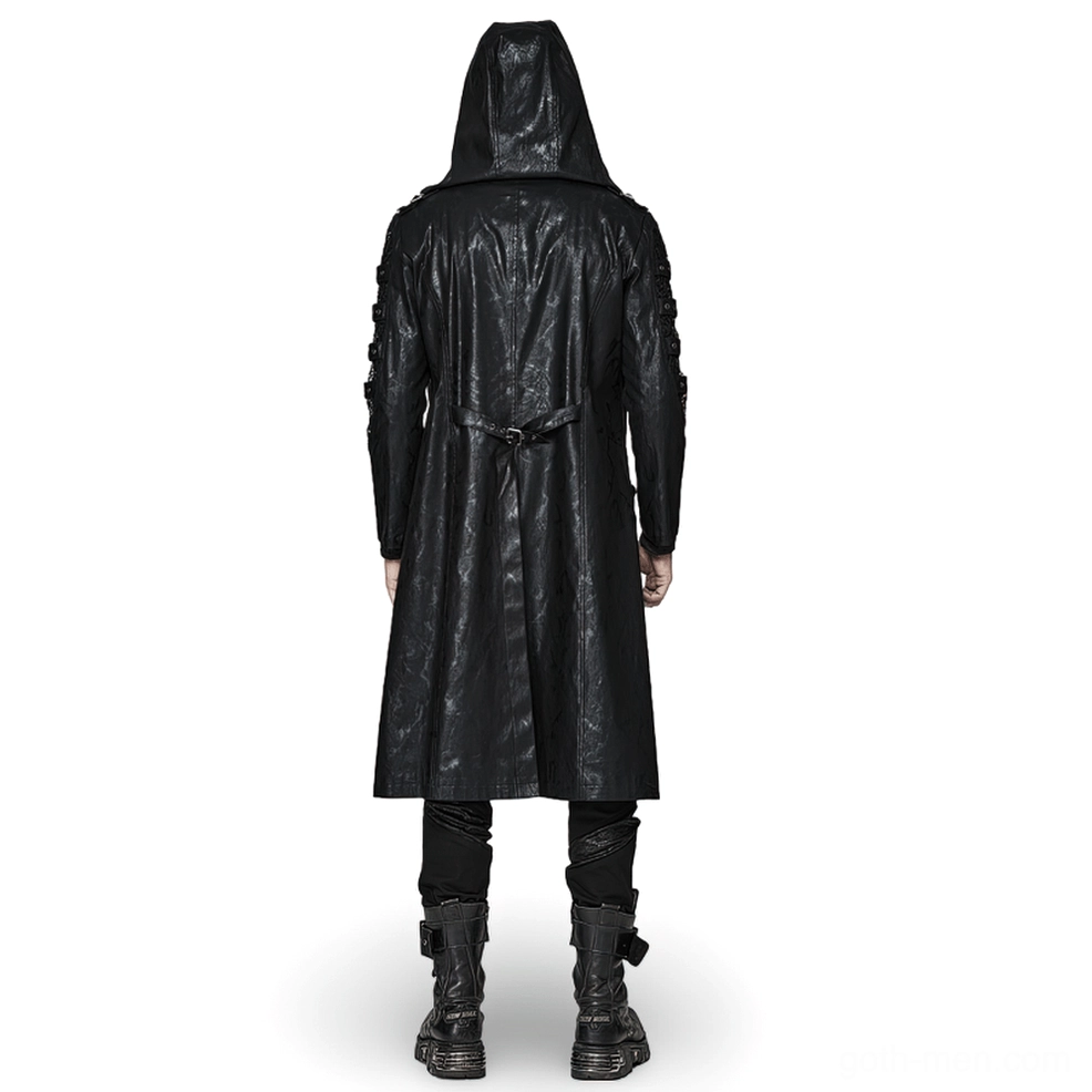 Rear full-body shot of gothic coat with waist belt and textured black distressed leather