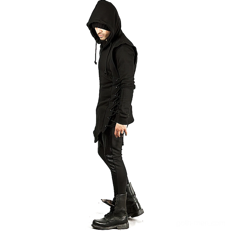 Black gothic hooded coat worn by male model showing hand near chin, side lace-up trim details, and dramatic silhouette