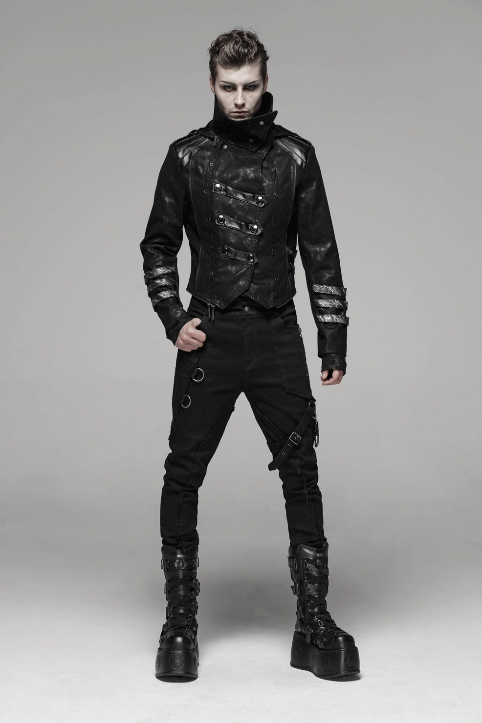Gothic hooded longline coat showing complete buckle and hardware specification