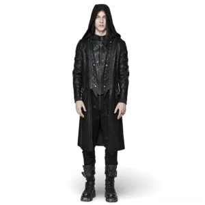 Front view of black gothic hooded coat with detachable mesh sleeves worn by male model