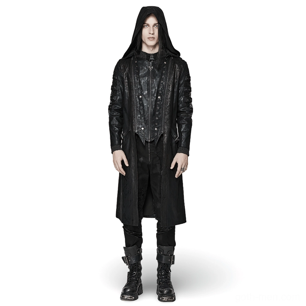 Front view of black gothic hooded coat with detachable mesh sleeves worn by male model
