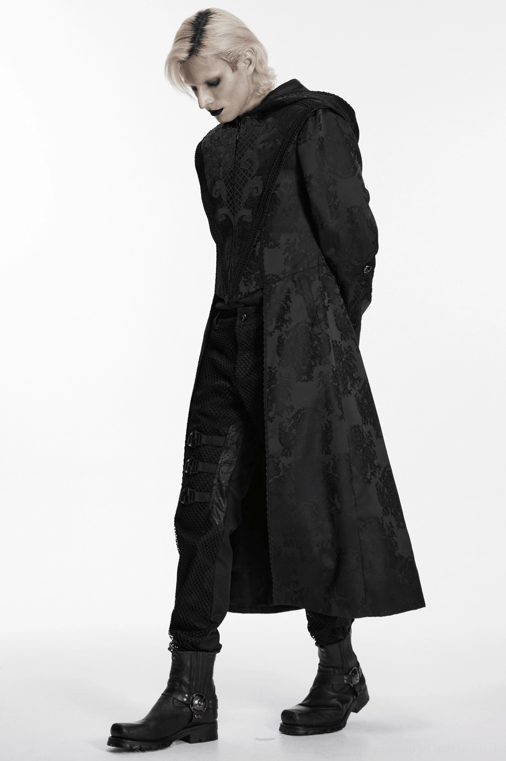 Black gothic men's hooded coat showing dramatic silhouette and tailored construction in detail