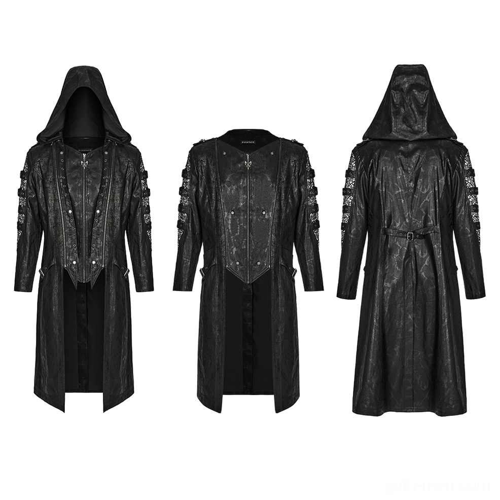 Flat lay front view of gothic coat showing attached hood and front zipper closure