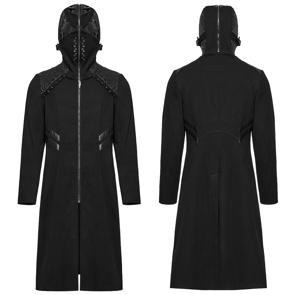 Dual front and back view of black gothic hooded coat showing zip closure, leather trim and long-length silhouette