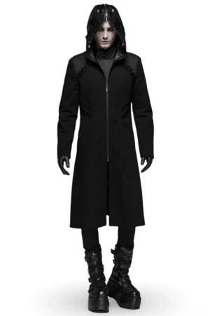 Men's black gothic hooded long coat front view with leather shoulder panels and dual zipper system on white background