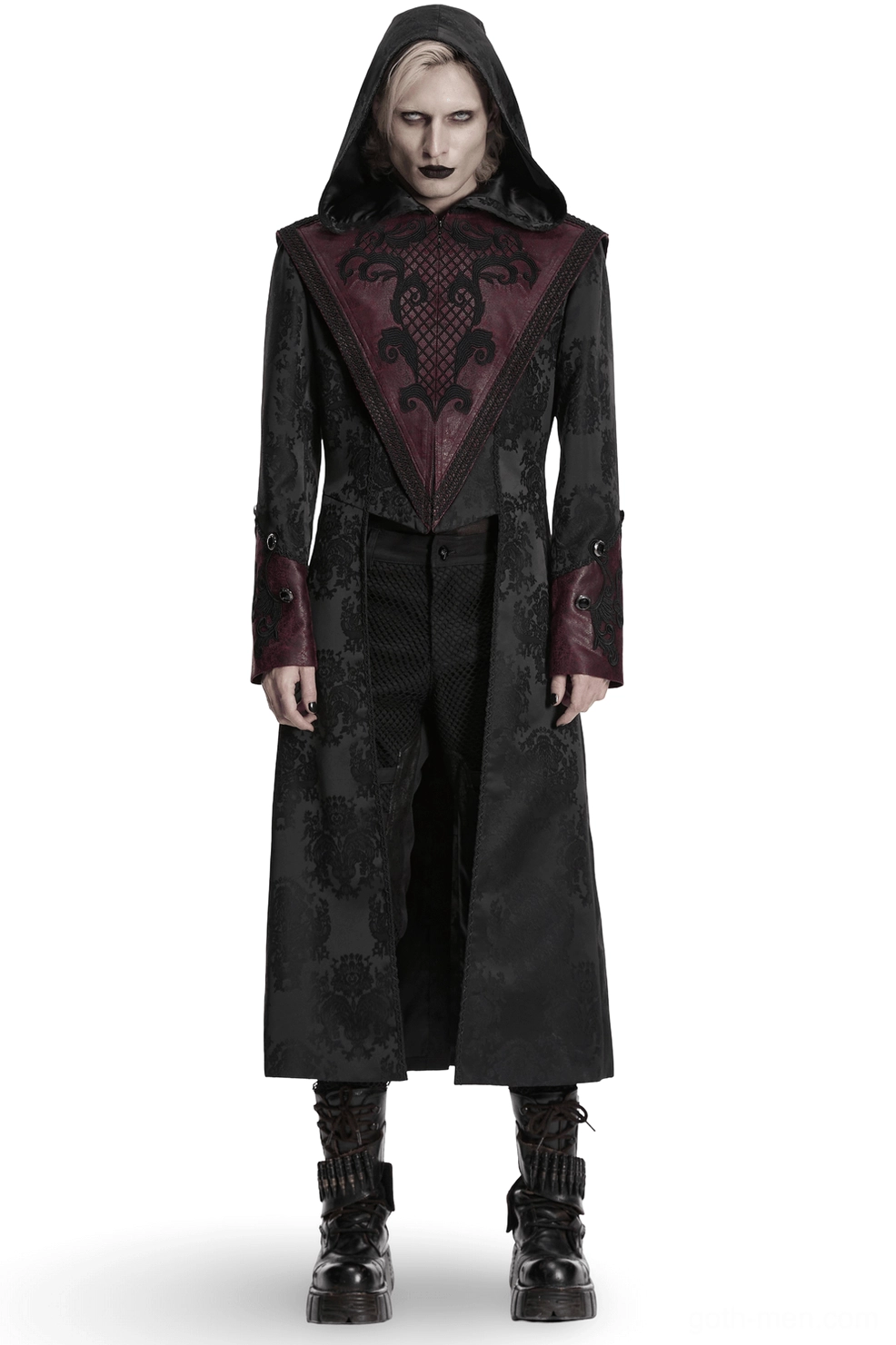 Black and burgundy jacquard hooded coat with leather trim, front full-body view on male model, embroidered chest detail and ornate metal buckles