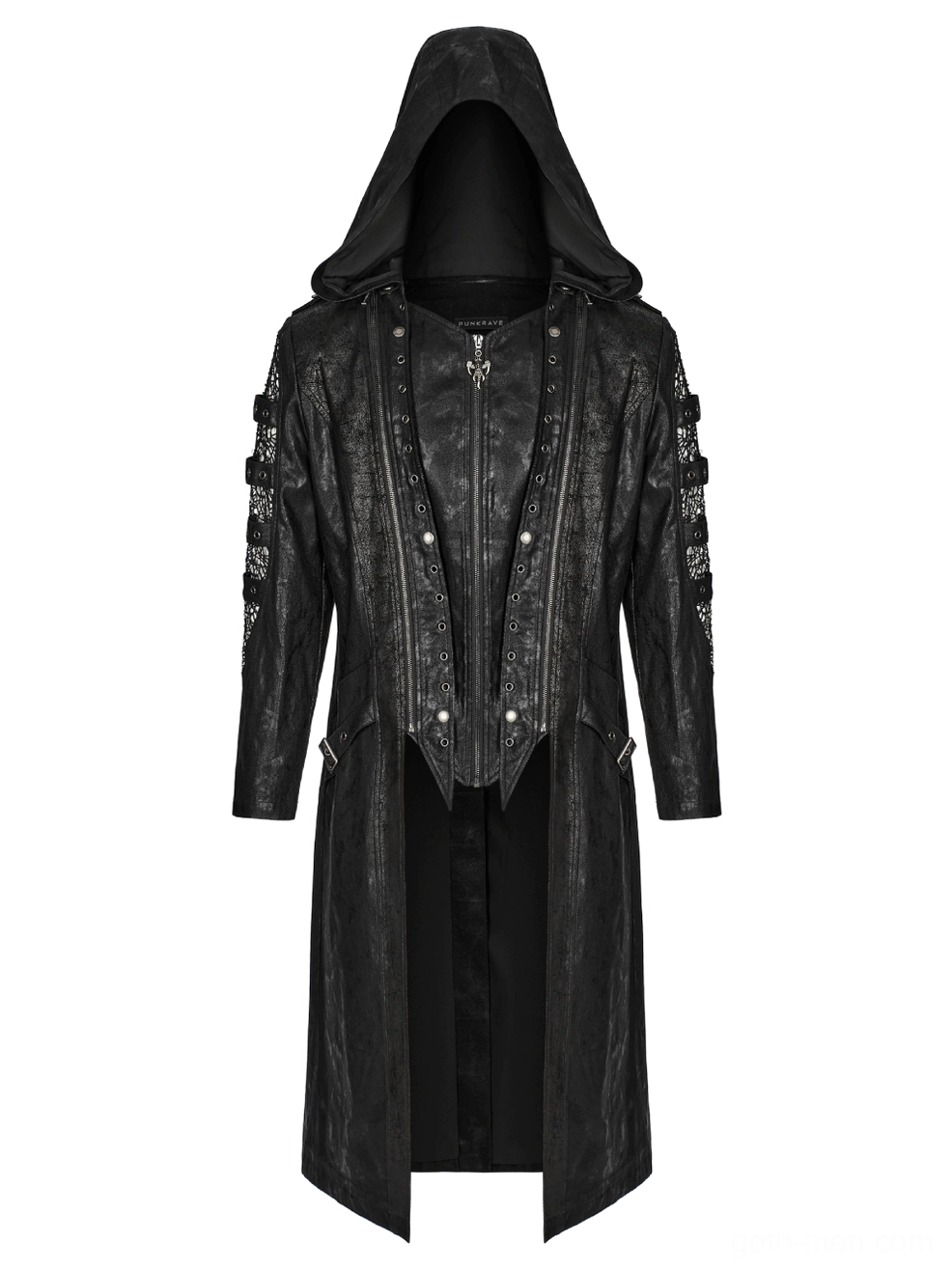 Full-body flat lay of gothic coat showcasing split hem and mesh sleeve design