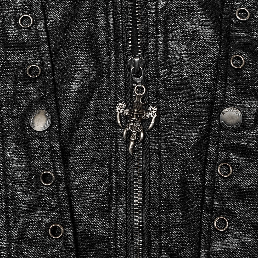 Full-length front view of detachable hood gothic coat with distressed faux leather finish
