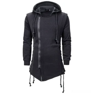 Gray gothic hooded coat flat lay display showing drawstring hem, asymmetric zip closure, and lace trim details
