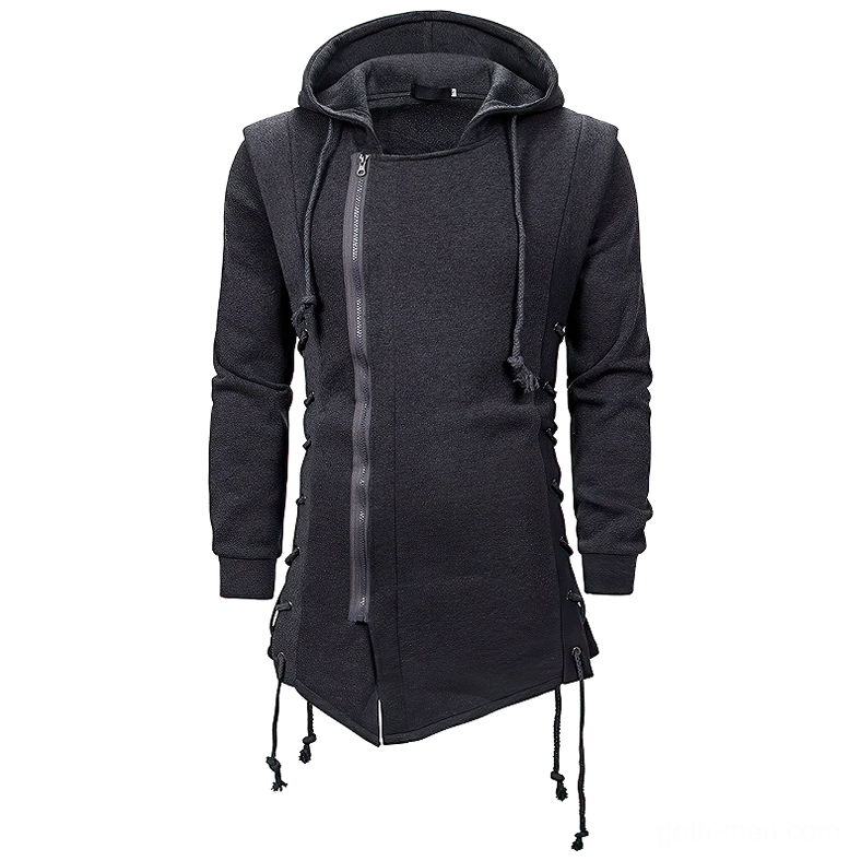 Gray gothic hooded coat flat lay display showing drawstring hem, asymmetric zip closure, and lace trim details