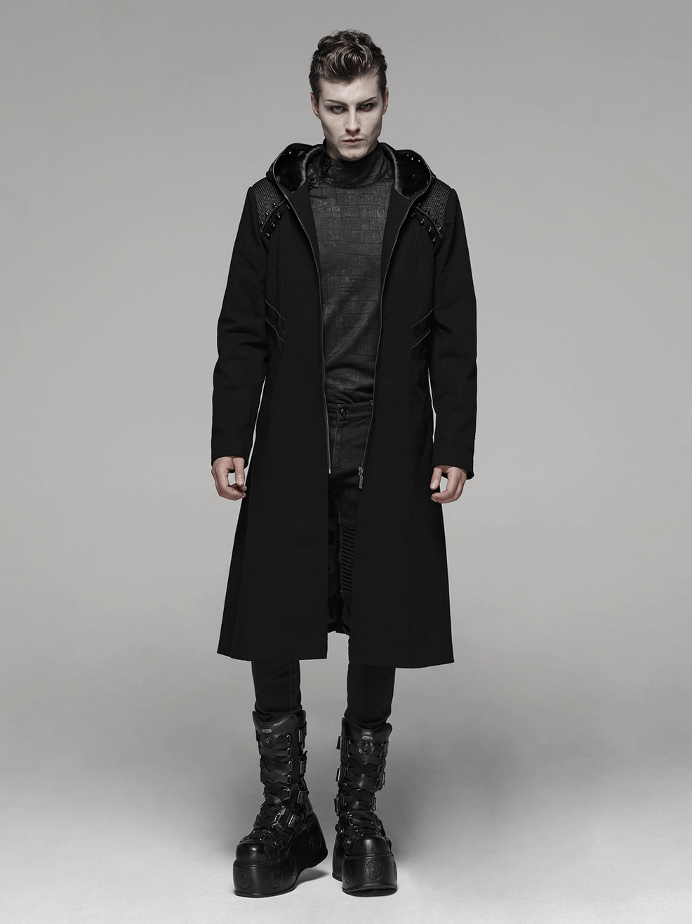 Front full-body of black gothic hooded long coat worn on male model showing overall fit and presence