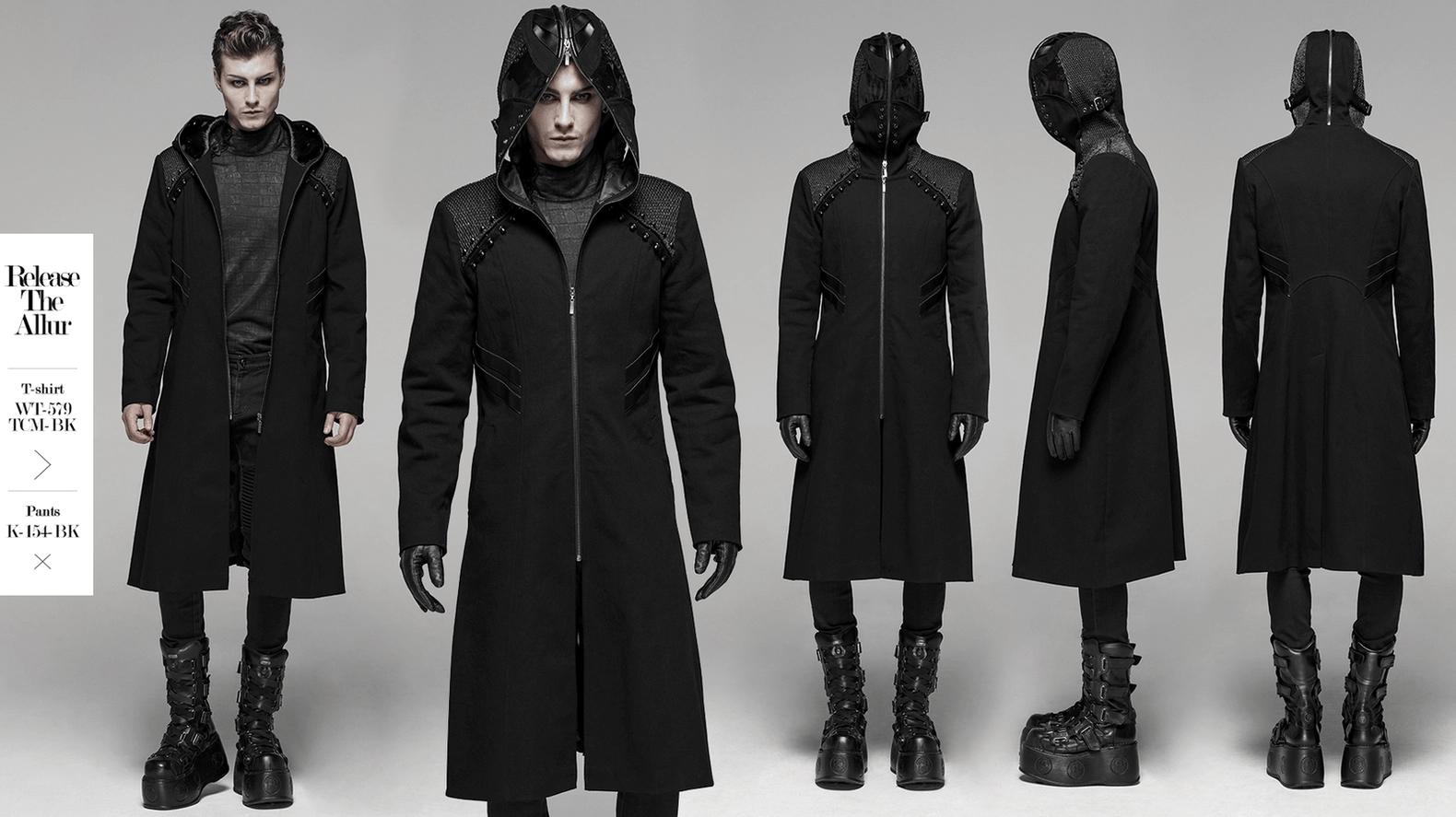 Secondary angle of black gothic long hooded coat on model displaying coat length and hood proportions