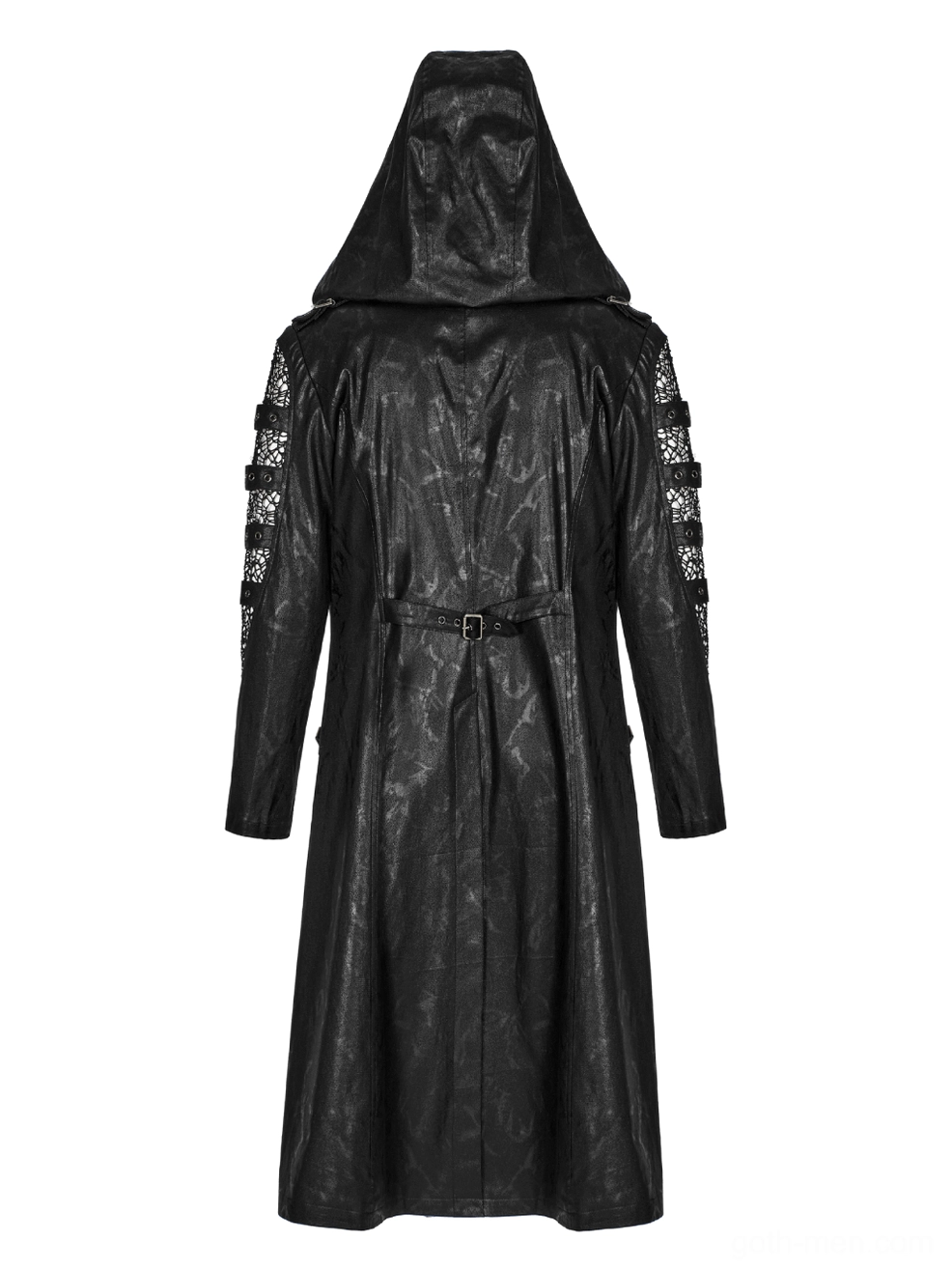Rear flat lay of gothic coat displaying waist belt and back seam construction