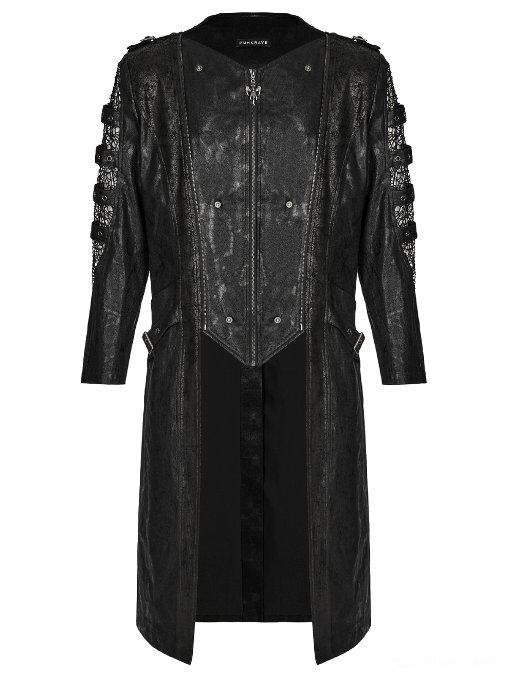 Close-up of gothic coat upper section highlighting metal snap buttons and structured shoulders
