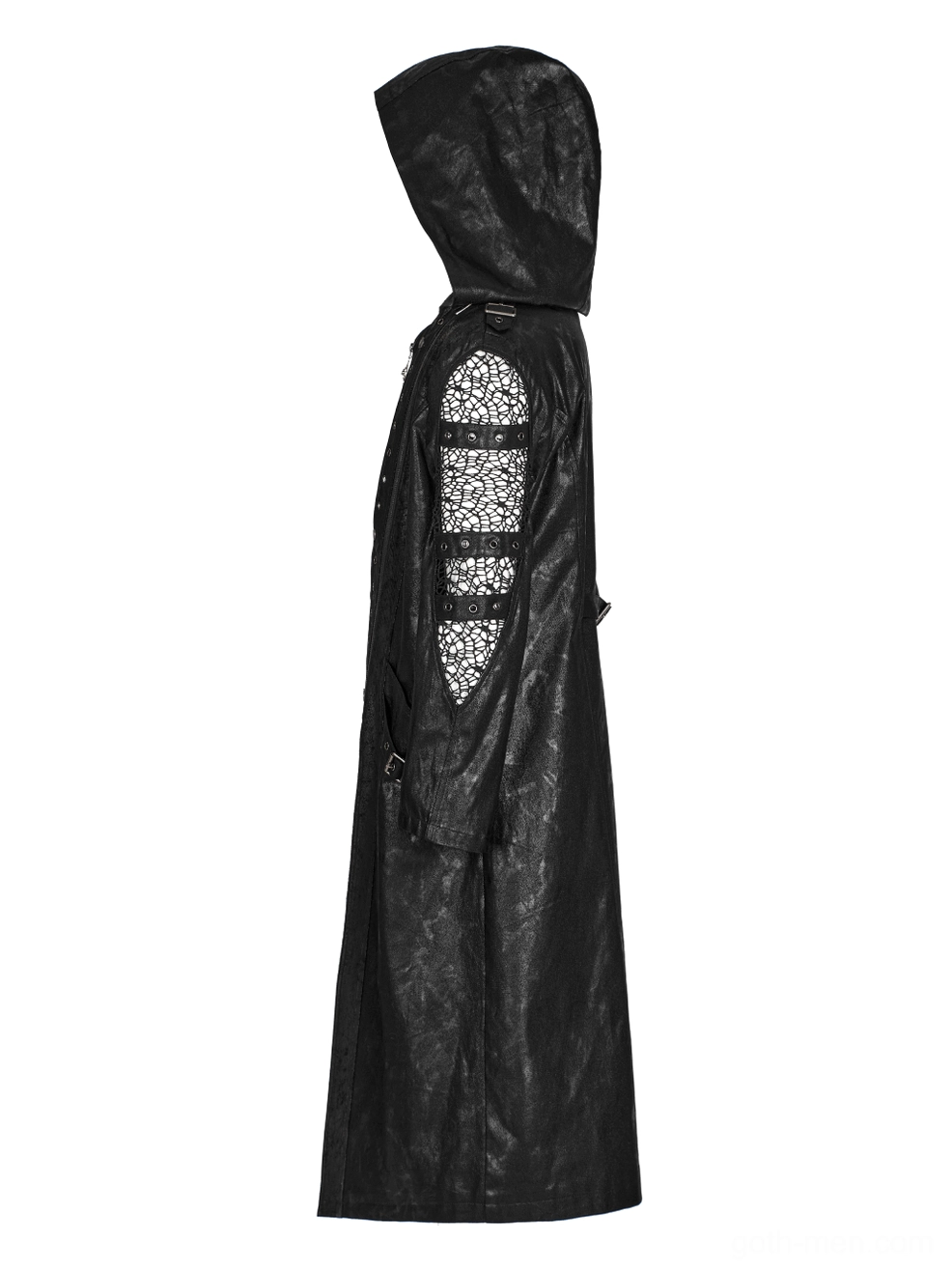 Side profile view of gothic coat showing exposed mesh sleeves and hood silhouette