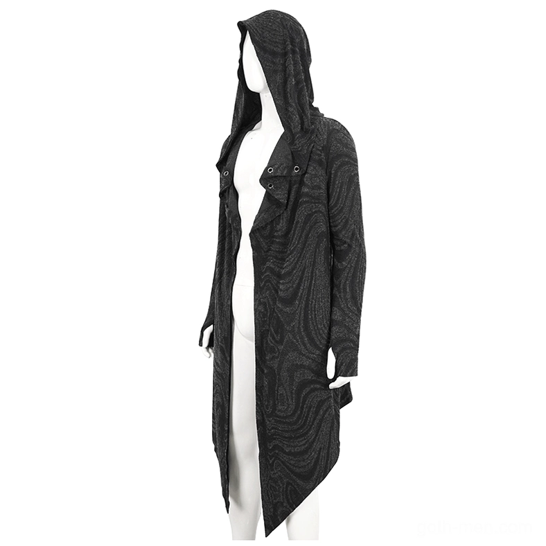 Side view of open-front gothic hooded coat showing length and marbled knit texture