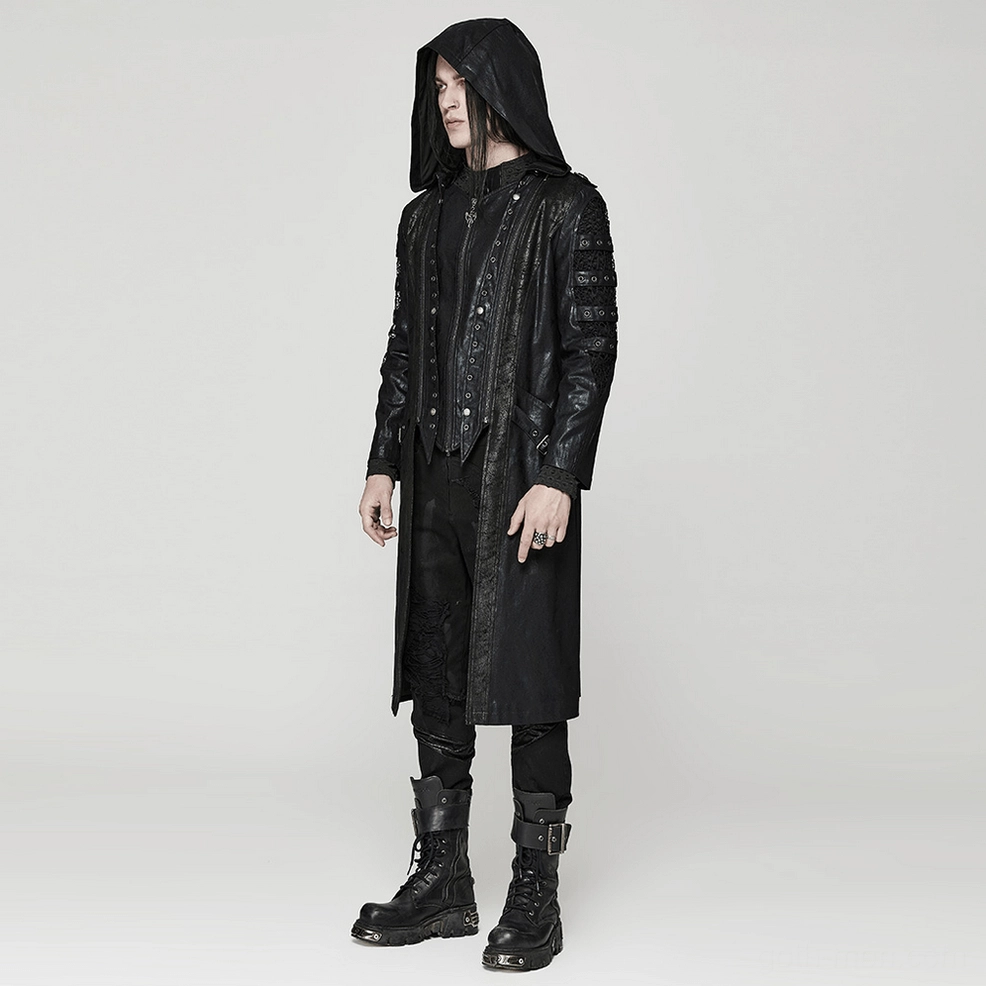 Three-quarter view of gothic hooded coat emphasizing distressed texture and mesh sleeves