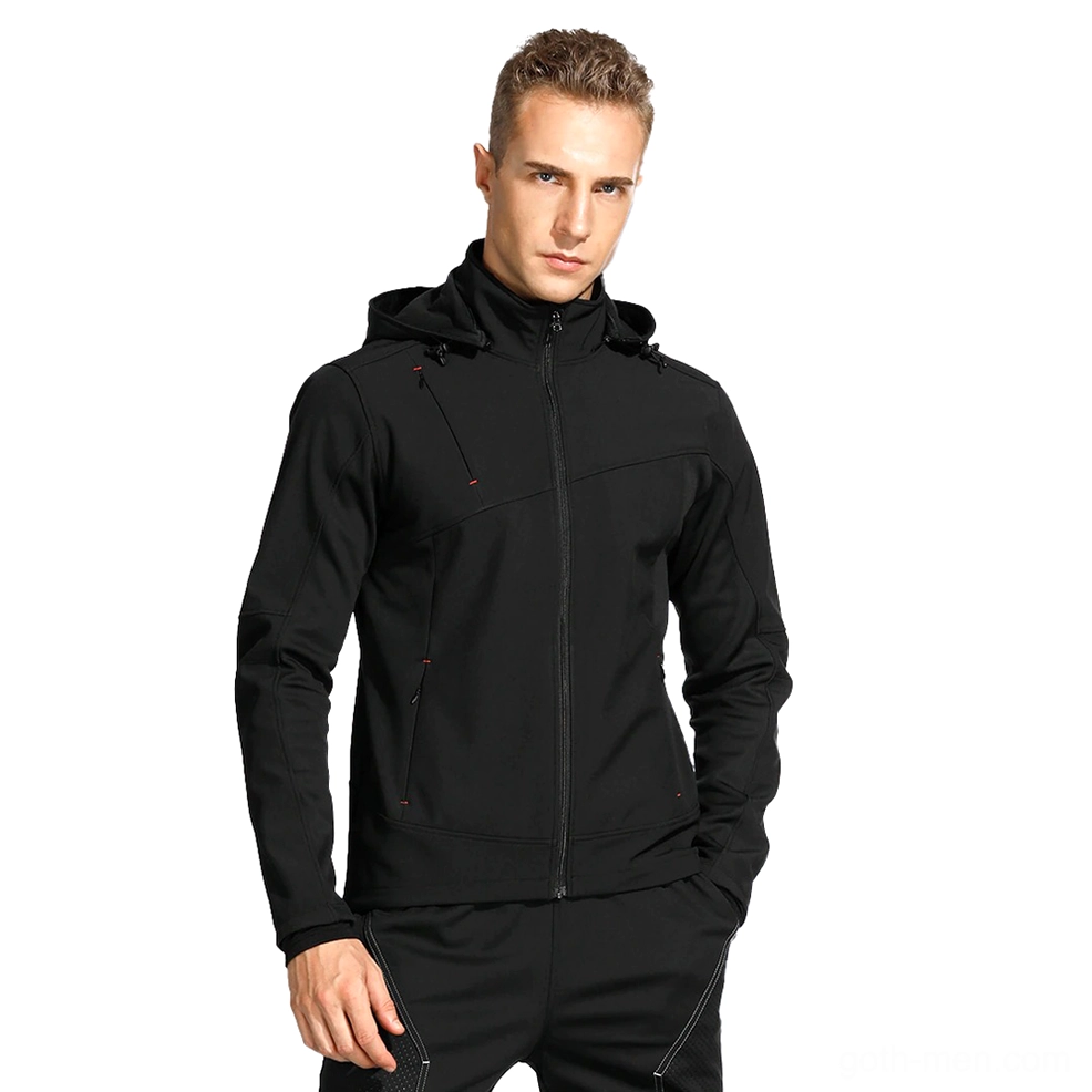 Men's black gothic hooded fleece jacket with red zipper and full front view on male model