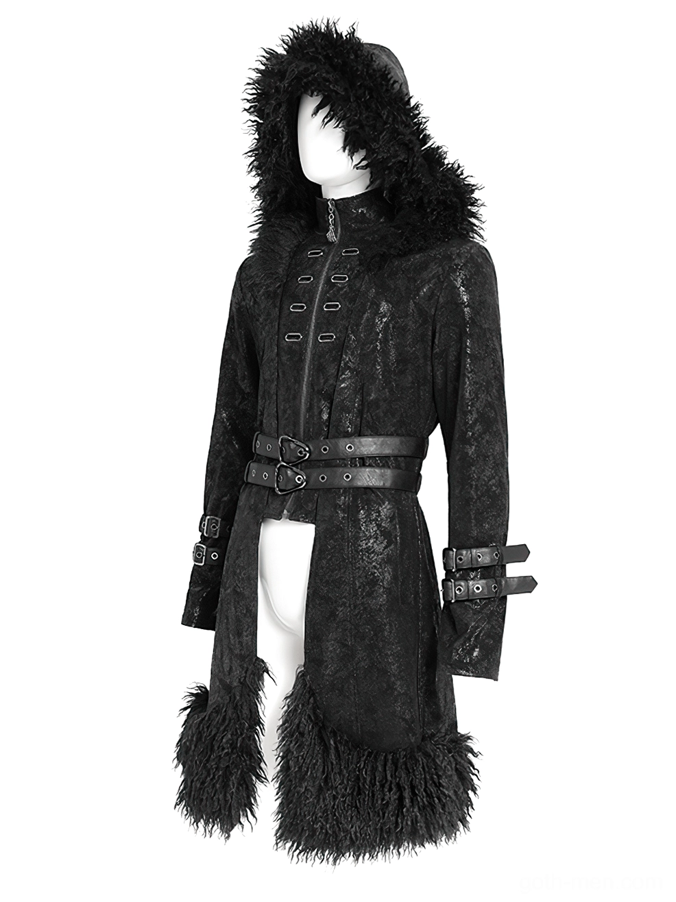 Front view of black gothic hooded fur coat on mannequin with dual waist belts, cuff straps and premium faux fur trim detail