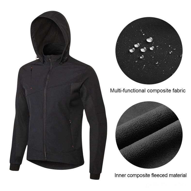 Men's black gothic hooded jacket closeup of hood attachment and adjustable drawstring system