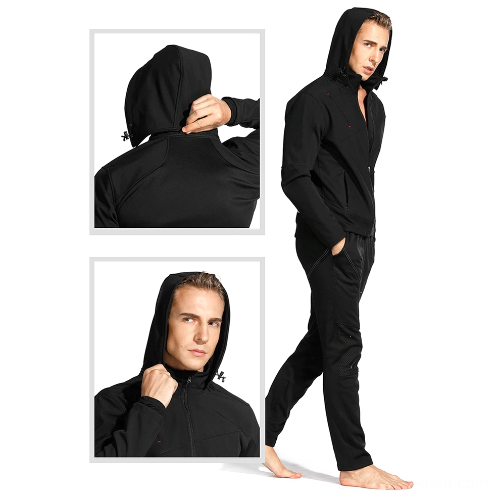 Black gothic hooded fleece jacket multi-angle view with matching track pants on model