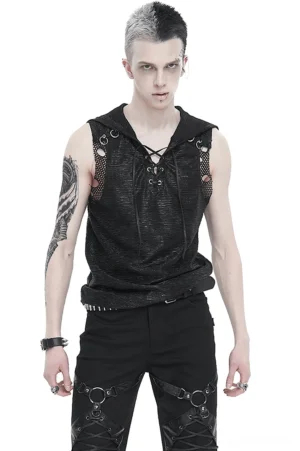 Man wearing black hooded lace-up mesh gothic tank top with V-neck collar, front full-body view showcasing metal eyelet lace-up closure and side mesh panels
