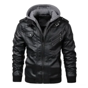 Black gothic hooded faux leather biker jacket front view with grey hood and zippered pockets