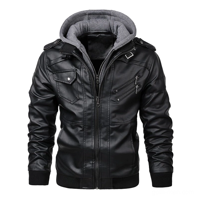 Black gothic hooded faux leather biker jacket front view with grey hood and zippered pockets
