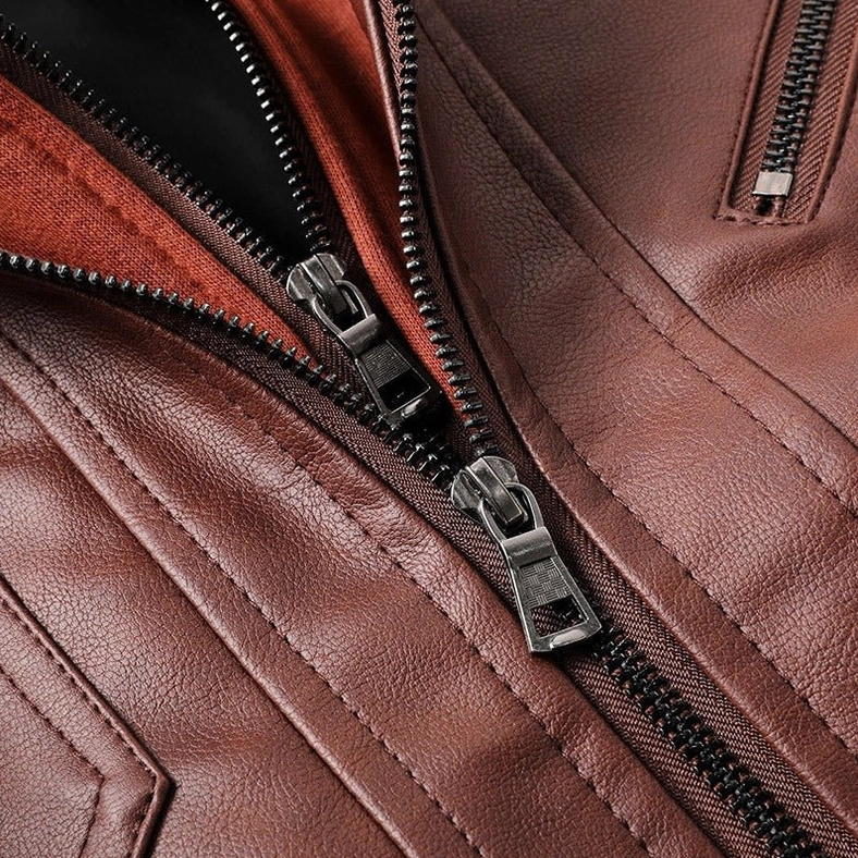 Gothic hooded leather biker jacket three-quarter view with full hood attached
