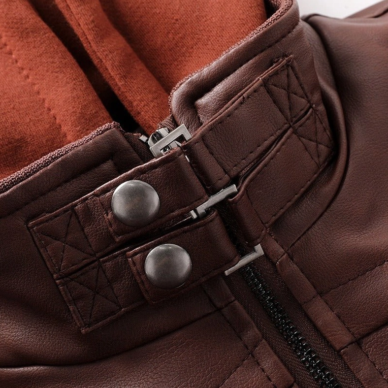 Gothic hooded leather biker jacket collar and neckline close-up with o-neck design