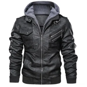 Dark gray gothic hooded motorcycle jacket with ribbed cuffs and plush-lined hood detail
