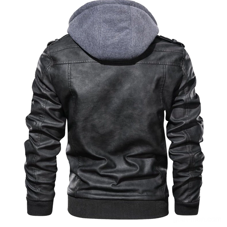 Gothic hooded leather jacket close-up showcasing faux leather texture and hood construction