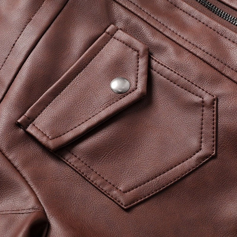 Gothic hooded leather motorcycle jacket pocket and hardware feature detail
