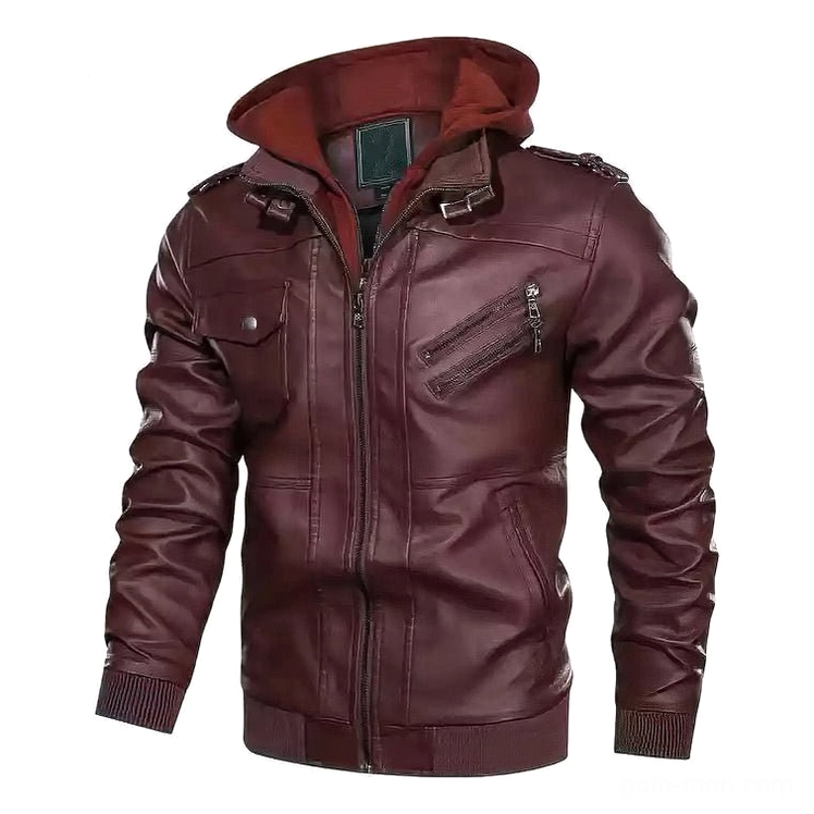 Wine red burgundy hooded gothic leather jacket with maroon hood and flap chest pocket