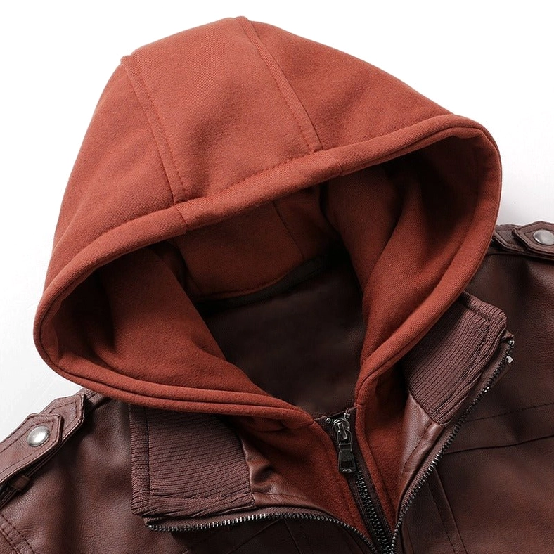 Gothic hooded leather motorcycle jacket featuring zipper and pocket hardware details