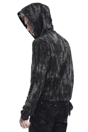 Black gothic hooded chain top with distressed tie-dye texture - side rear view on male model