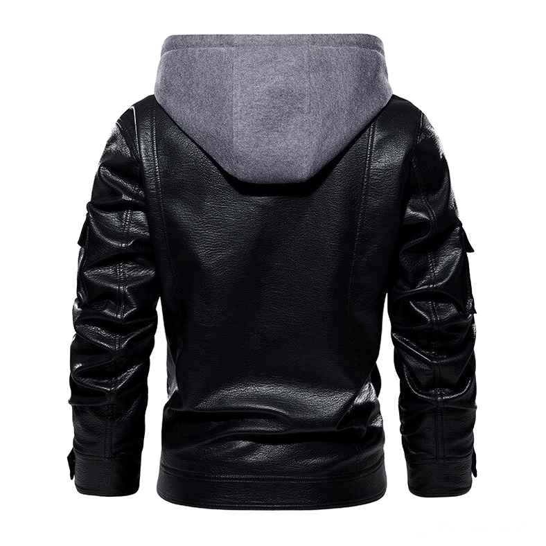 Black glossy gothic moto jacket back view with grey detachable fleece hood