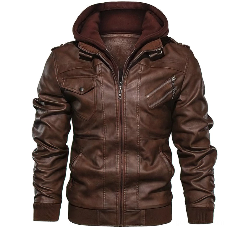 Brown gothic hooded leather biker coat with maroon interior hood and dual chest pockets